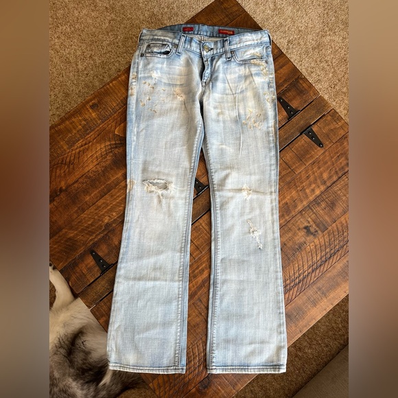 Express Light Blue Distressed Paint Splatter Straight Leg Jeans - Picture 1 of 4